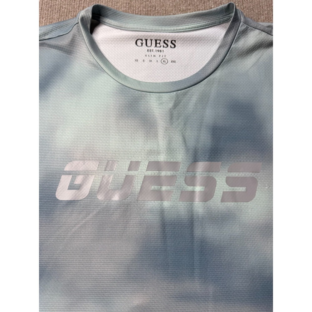 Guess Mens XL Slim Fit Blue Tie Dye Logo T Shirt Short Sleeve Graphic